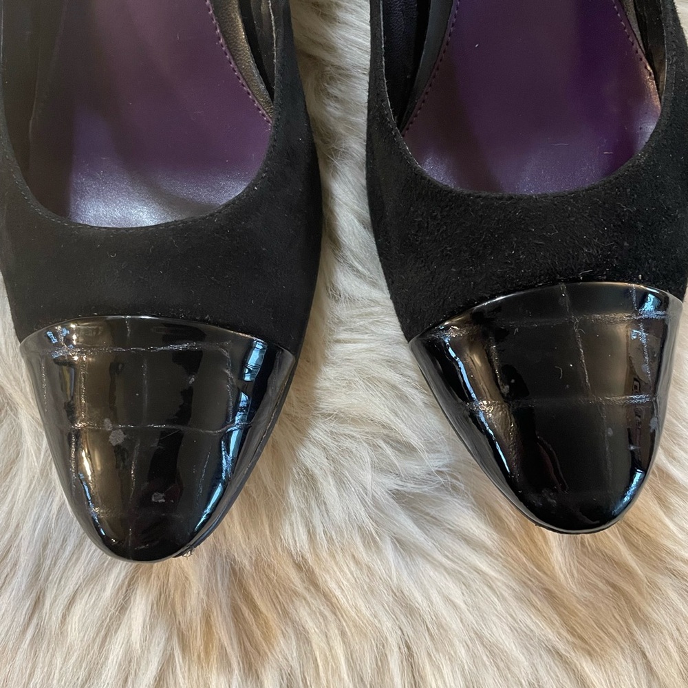 Carlos Falchi Black Patent Leather and Velvet Heels